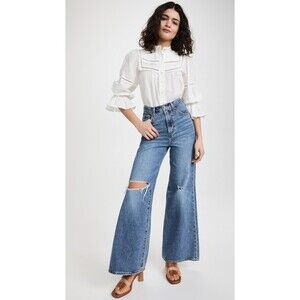 Levis Premium Womens High Loose Flare Denim Jean 26 Med Blue Distressed Wide Leg